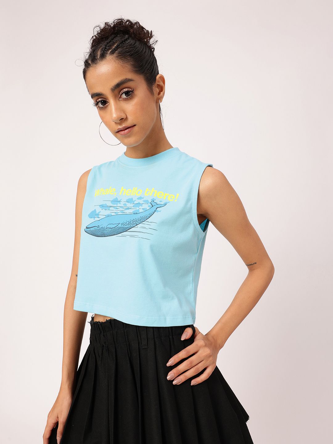 DressBerry Cute Whale Vibes Only Printed Sleeveless Crop T-shirt