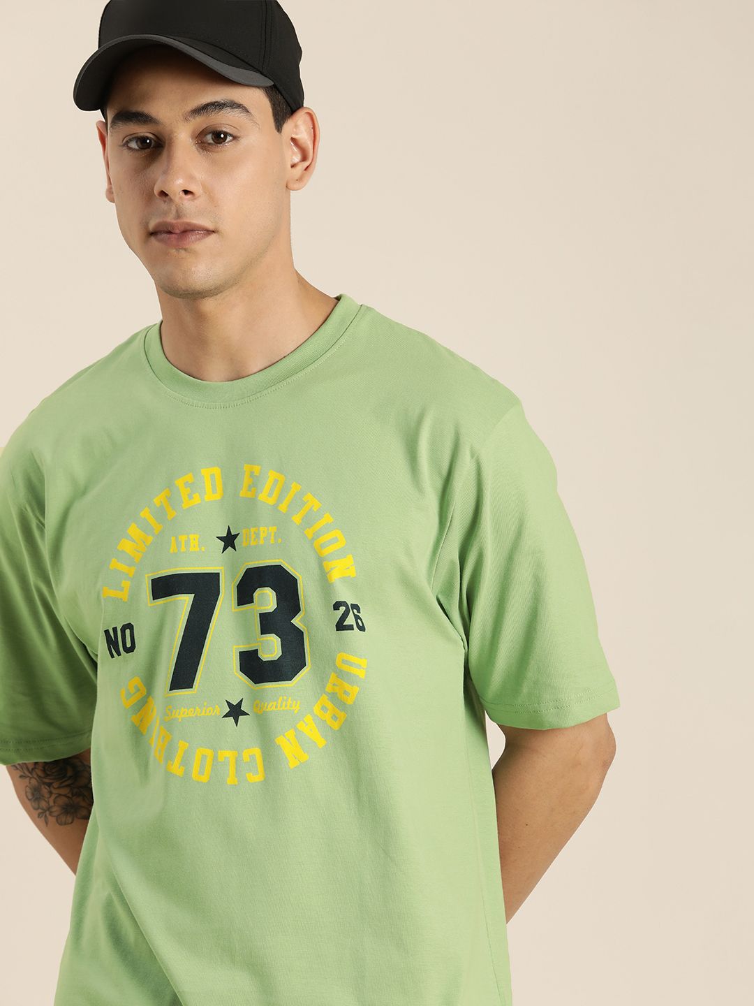 DILLINGER Men Green & Black Printed Drop-Shoulder Sleeves Pure Cotton Oversized T-shirt