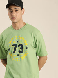 DILLINGER Men Green & Black Printed Drop-Shoulder Sleeves Pure Cotton Oversized T-shirt