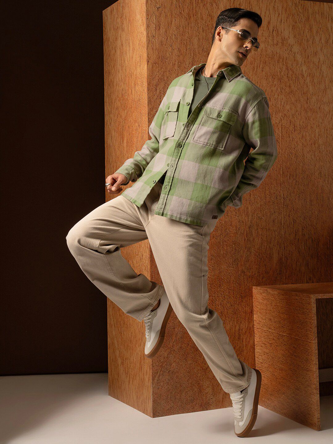 Locomotive Premium Men Green Oversized Oxford Dobby Textured Checked Overshirt