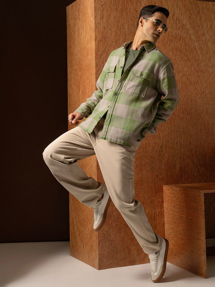 Locomotive Premium Men Green Oversized Oxford Dobby Textured Checked Overshirt