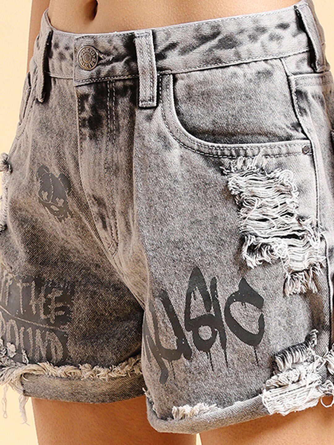 Tokyo Talkies Women Grey Typography Printed Cotton Denim Shorts