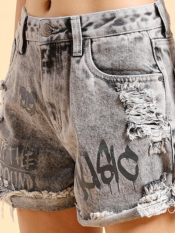 Tokyo Talkies Women Grey Typography Printed Cotton Denim Shorts