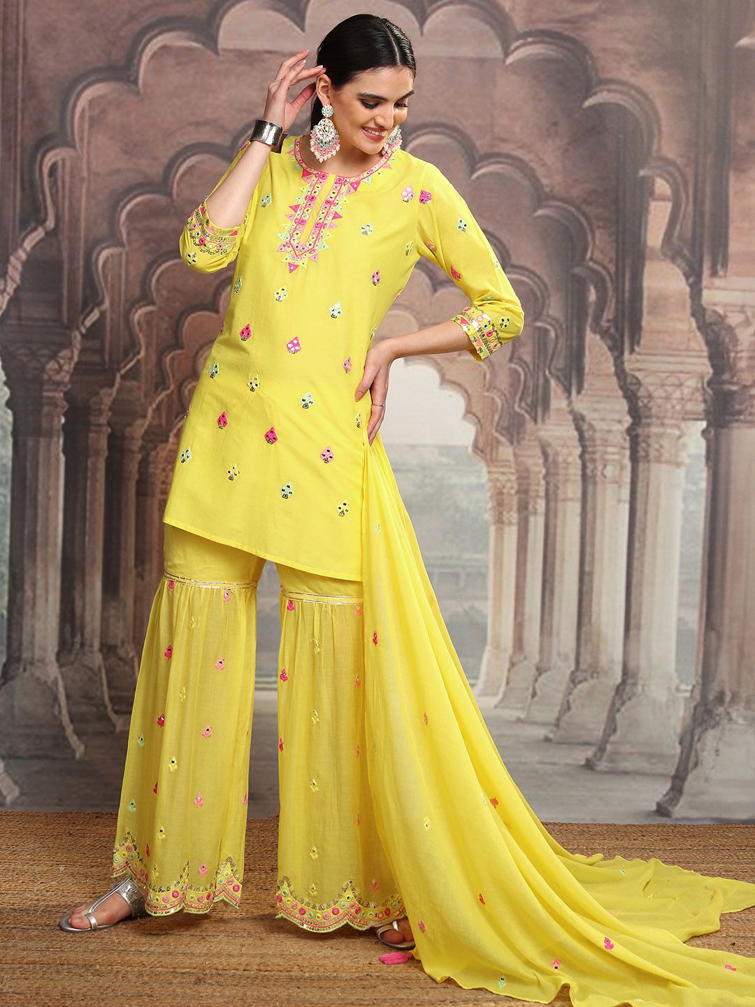 Vishudh Yellow Embroidered Mirror Work Pure Cotton Straight Kurta With Sharara & Dupatta
