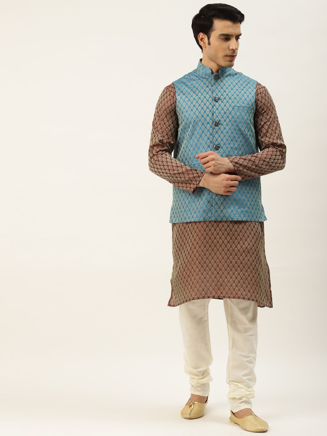 SOJANYA Kurta Rekaan Diri Lelaki Maroon & Emas dengan Jaket Churidar & Nehru