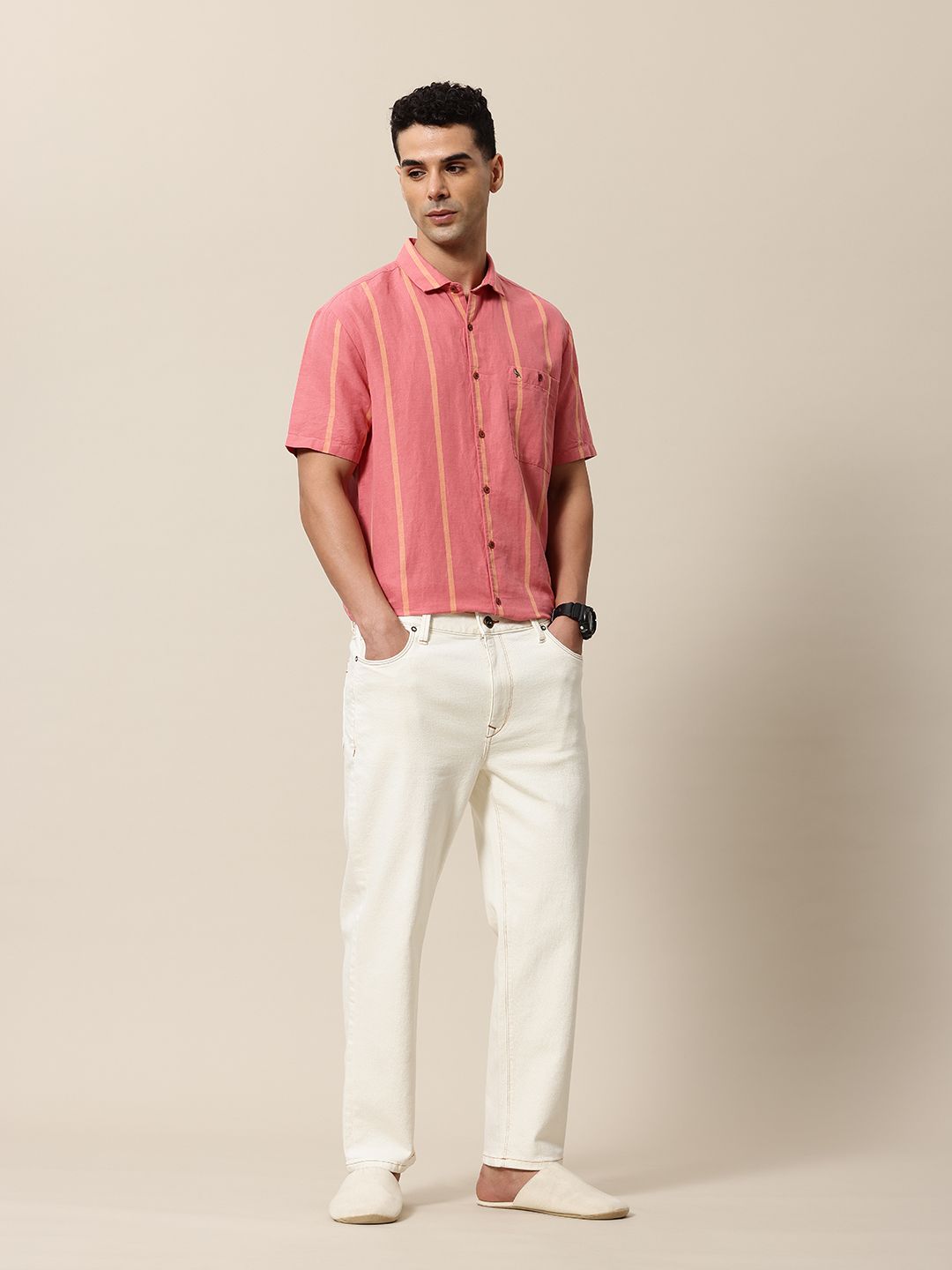 Mr Bowerbird Liberal Fit Linen Cotton Opaque Striped Casual Shirt
