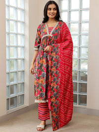Libas Floral Printed Empire Sequinned A Line Kurta with Trousers & Dupatta