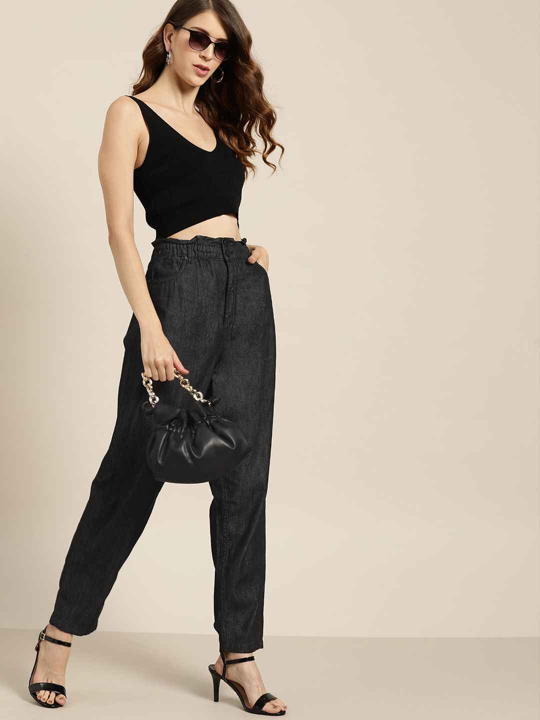 all about you Women Charcoal Grey Pure Cotton Tapered Fit High-Rise Jeans