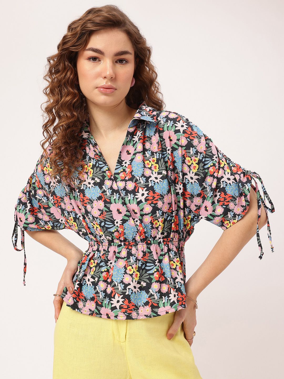 DressBerry Floral Allure Printed Dobby Weave Cinched Waist Top