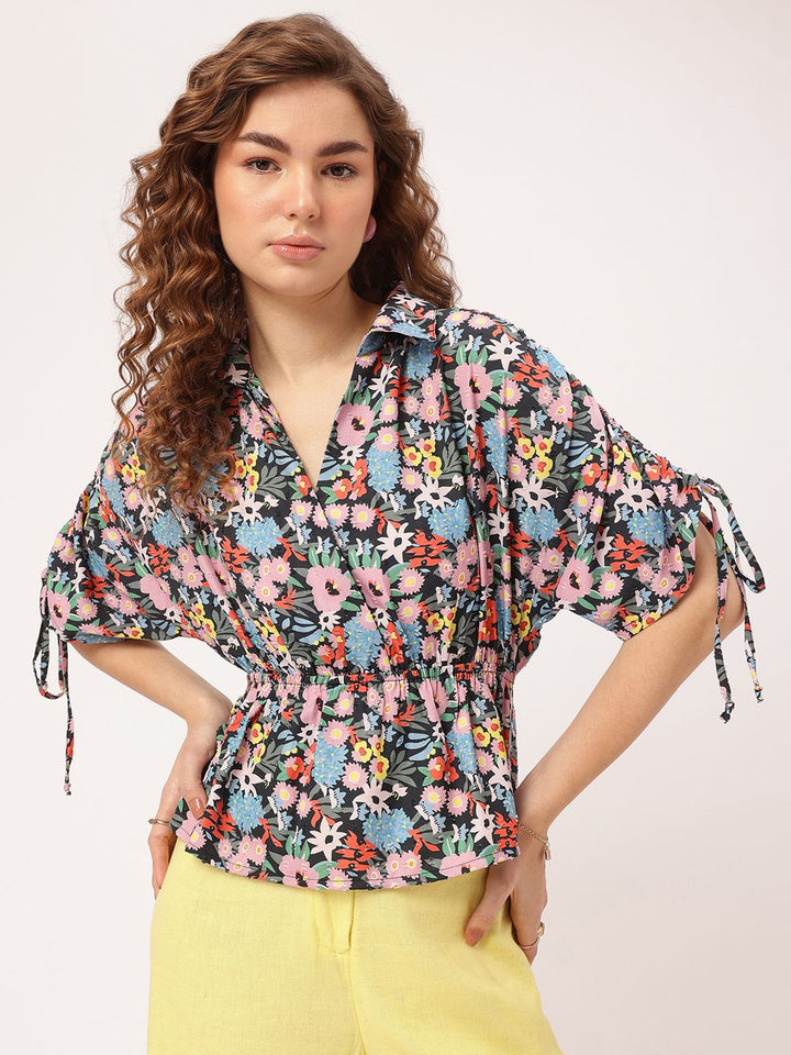 DressBerry Floral Allure Printed Dobby Weave Cinched Waist Top