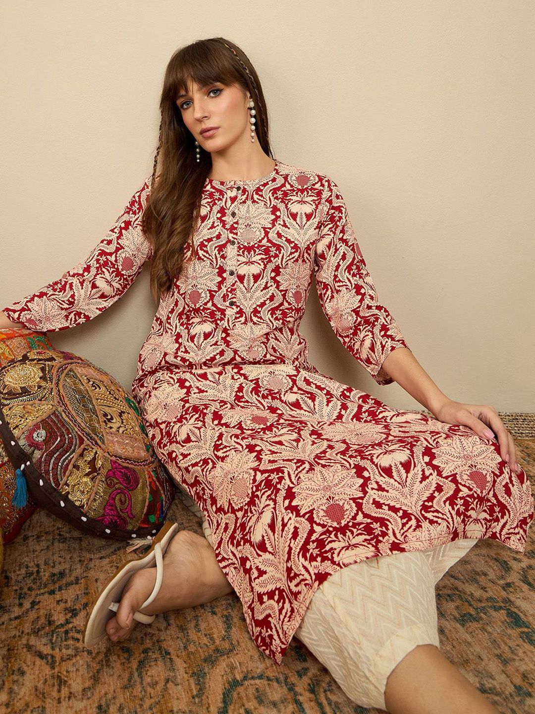 Indo Era Floral Printed Round Neck Straight Kurta