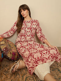 Indo Era Floral Printed Round Neck Straight Kurta