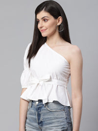 STREET 9 White One Shoulder Cinched Waist Pure Cotton Top