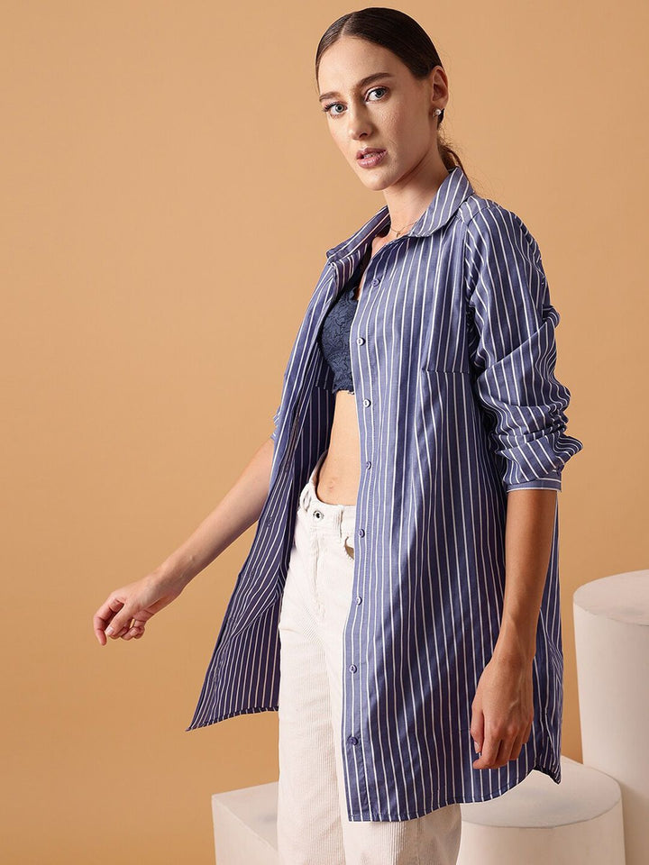 STREET 9 Comfort Oversized Striped Spread Collar Long Sleeve Cotton Shirt