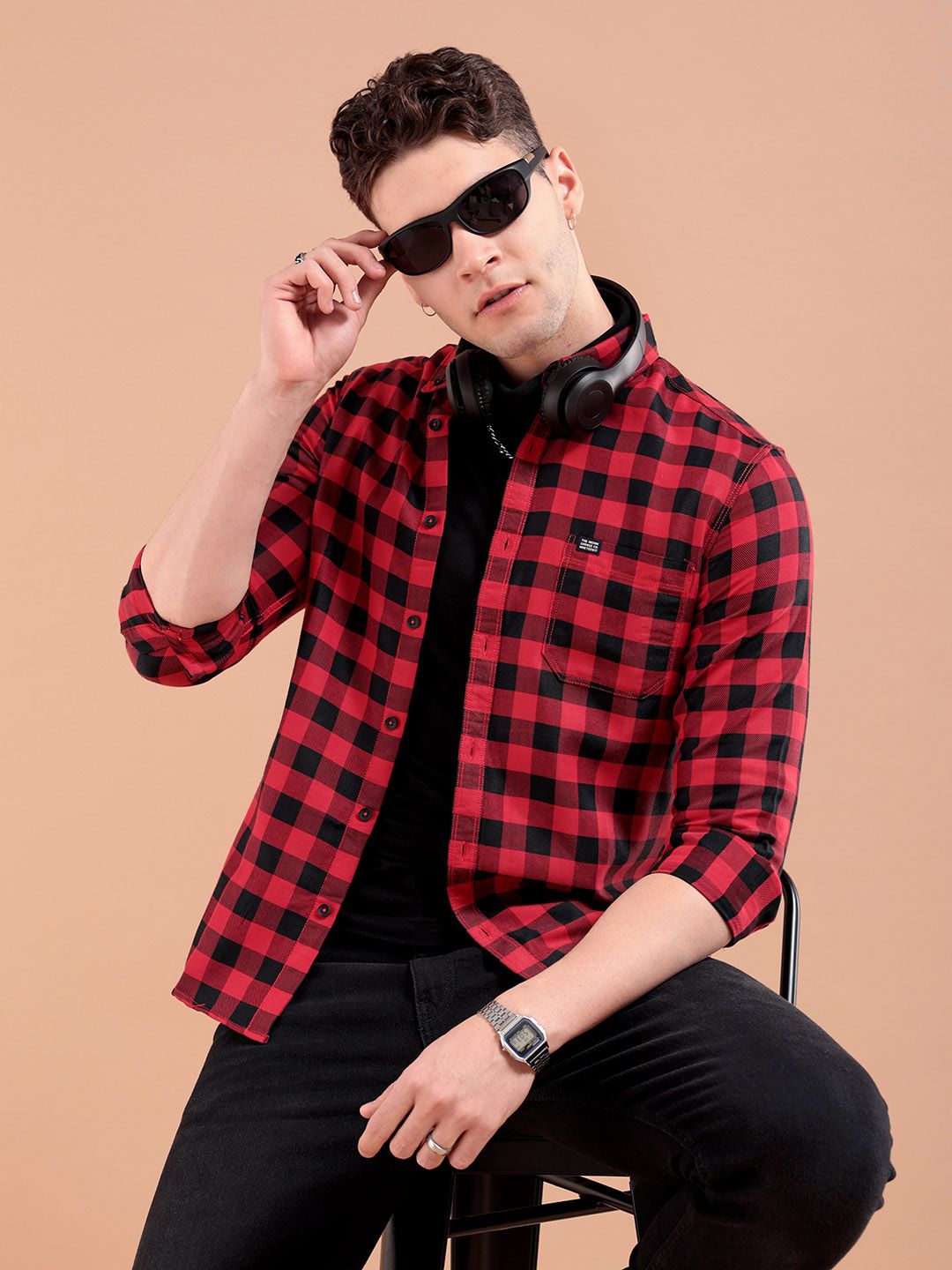 The Indian Garage Co Men Red & Black Slim Fit Checked Pure Cotton Casual Shirt