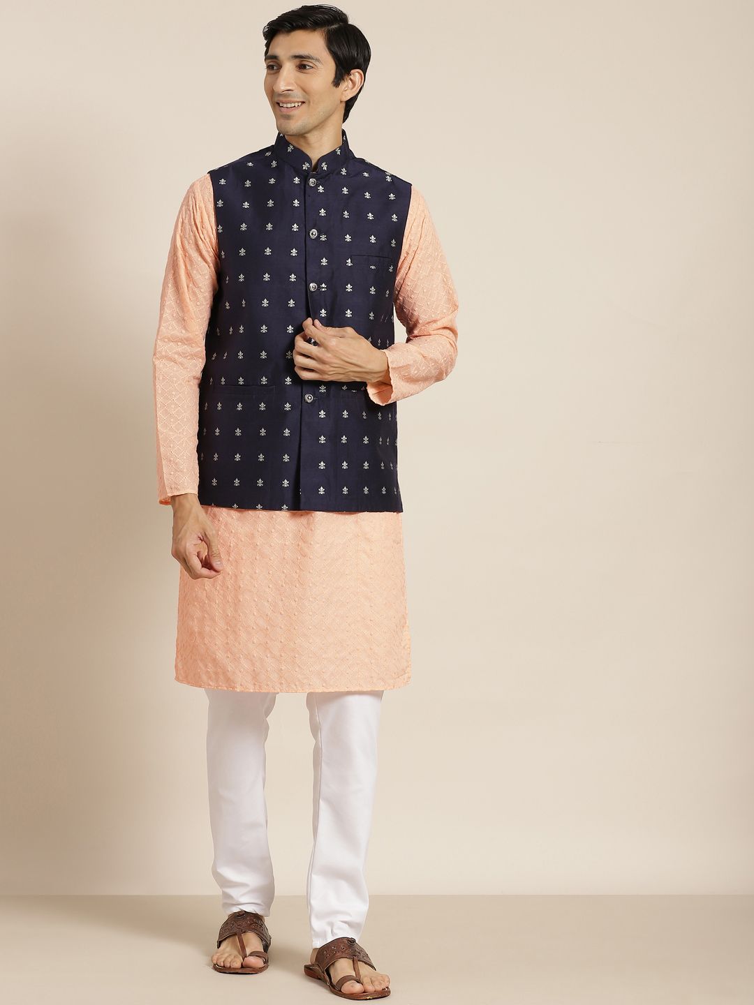 SOJANYA Men Peach-Coloured Chikankari Pure Cotton Kurta with Churidar & Nehru Jacket