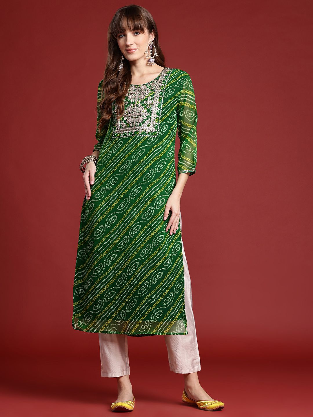 Indo Era Bandhani Printed Gotta Patti Georgette Kurta