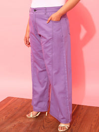 CURVY STREET Women Plus Size Lavender Relaxed Straight Leg Pure Cotton Trousers