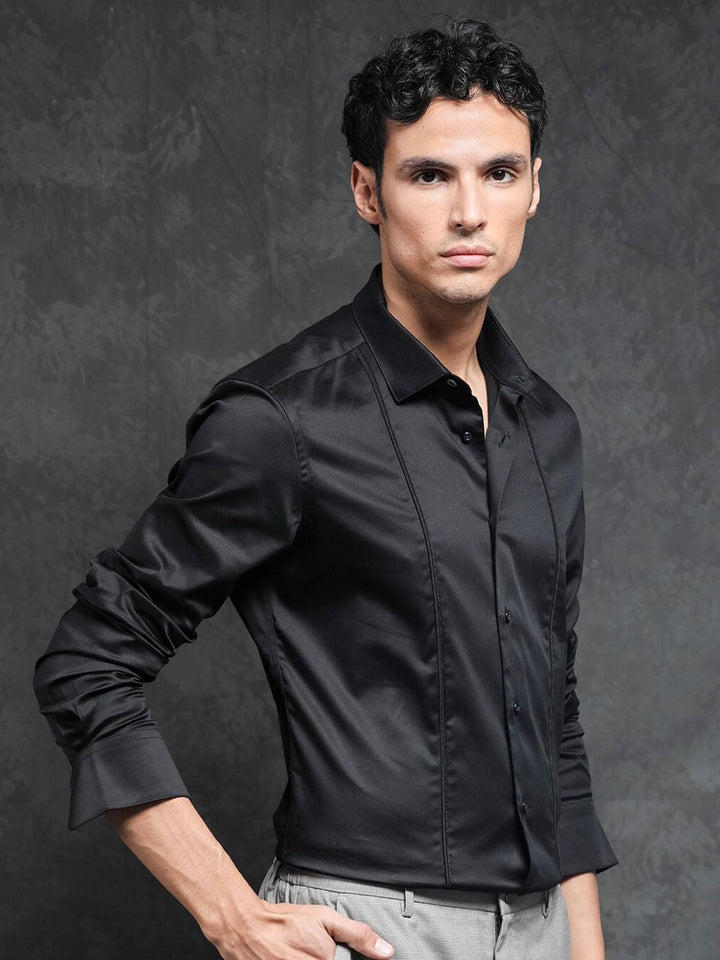 RARE RABBIT Men Liner Black Slim Fit Opaque Cotton Shirt