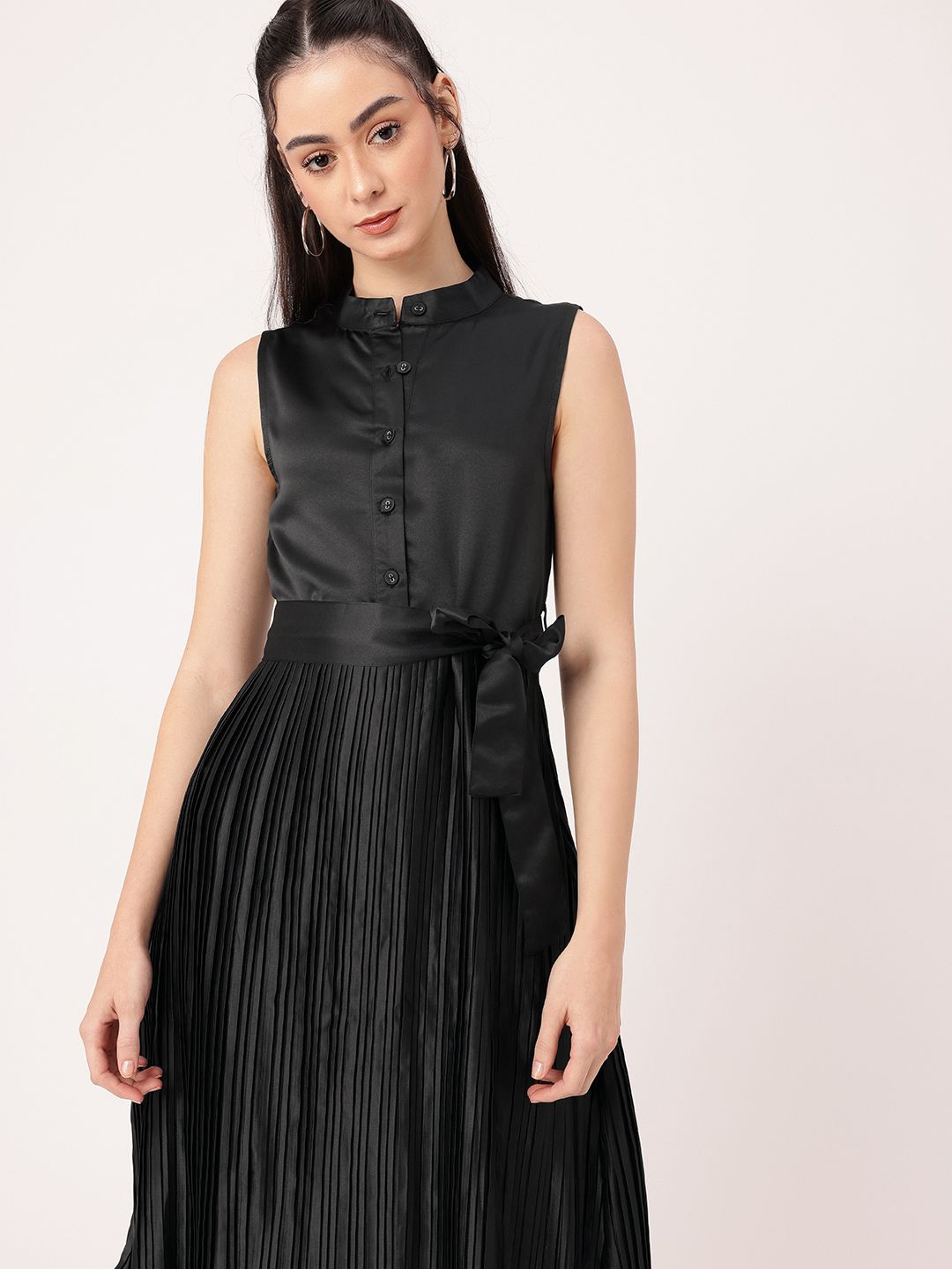 DressBerry Satin Sophistication Accordion Pleated Bow Detailed A-line Dress