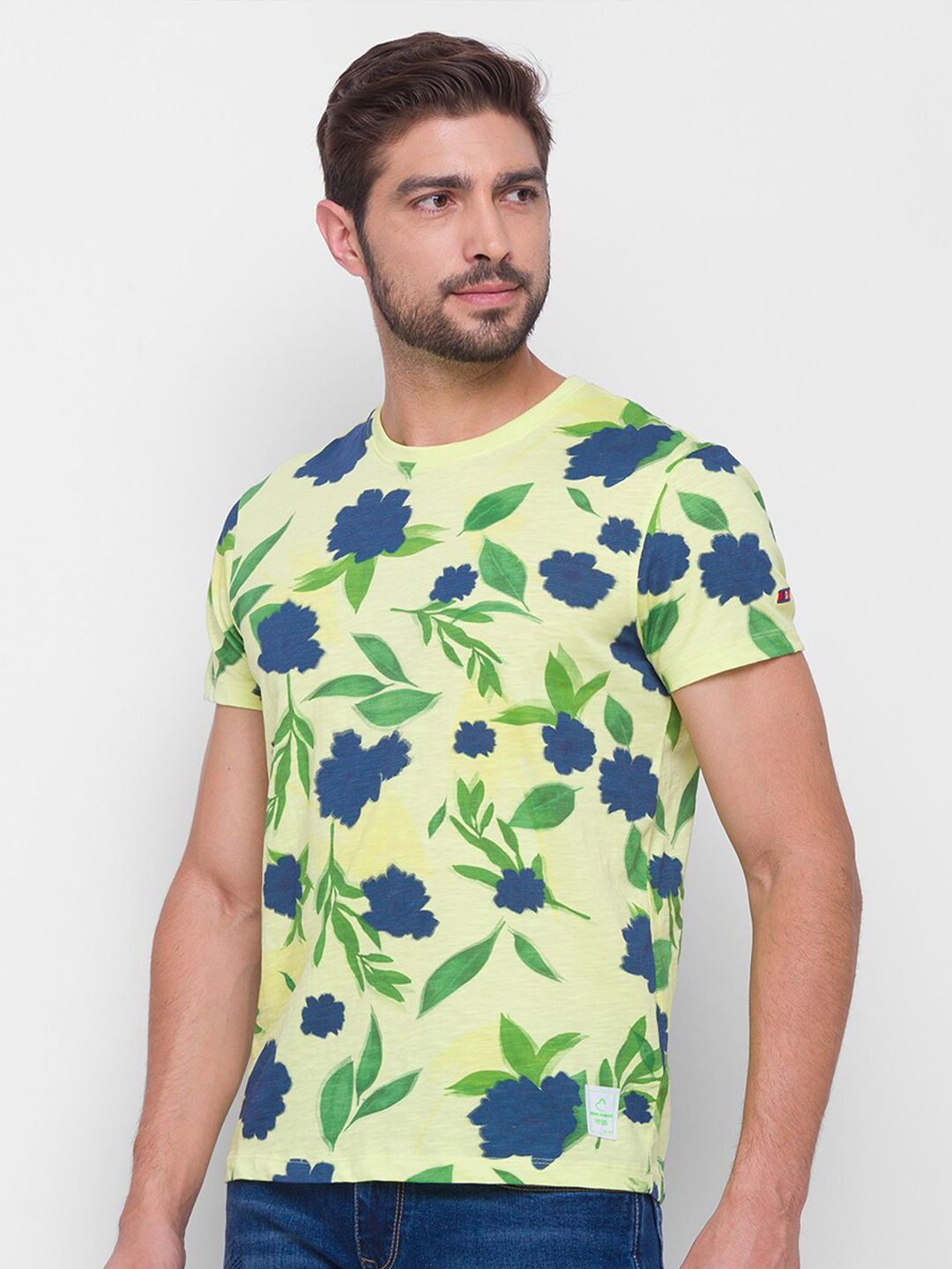 Being Human Men Yellow & Blue Floral Printed Pure Cotton T-shirt