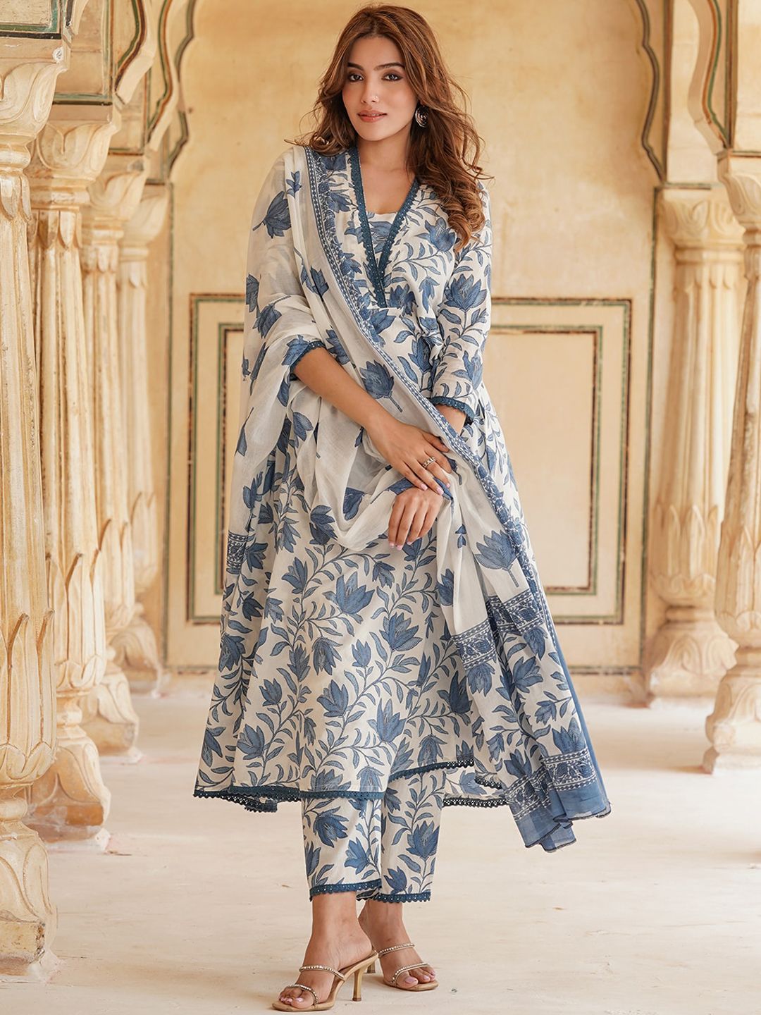 KALINI Floral Printed Square Neck Pure Cotton Anarkali Kurta with Trousers & Dupatta