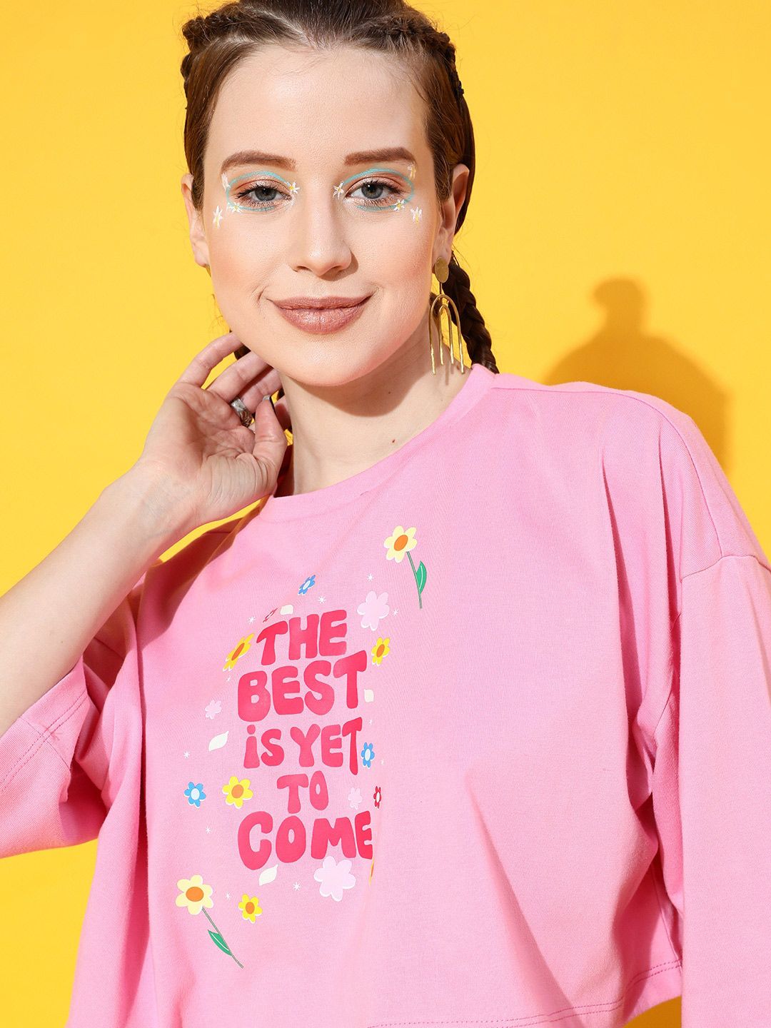 STREET 9 Women Pink Typography Printed Bio Finish Pure Cotton Boxy Crop T-shirt