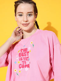 STREET 9 Women Pink Typography Printed Bio Finish Pure Cotton Boxy Crop T-shirt