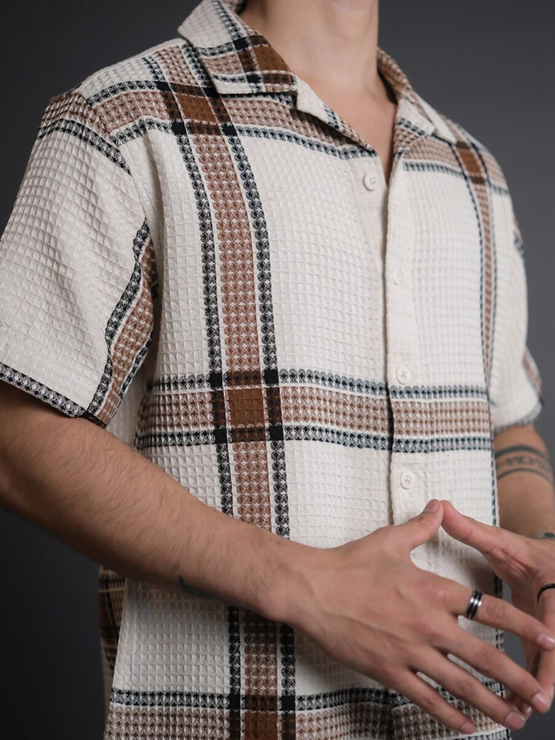 Powerlook Off White India Slim Tartan Checked Cuban Collar Short Sleeves Shacket