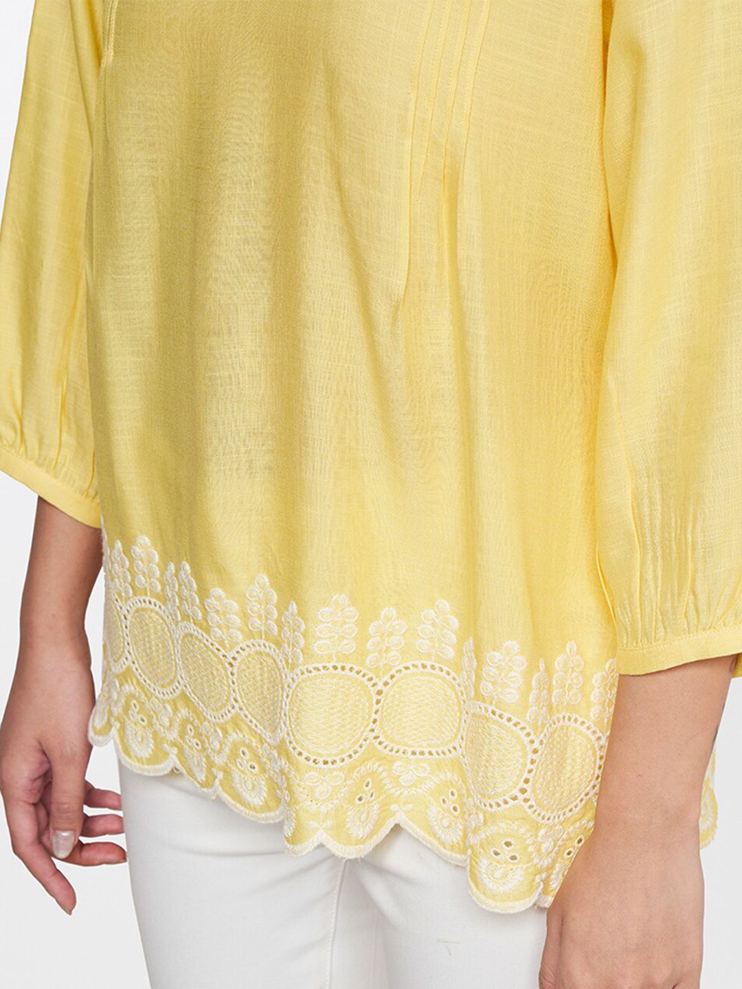 Global Desi Keyhole Neck Embroidered Top