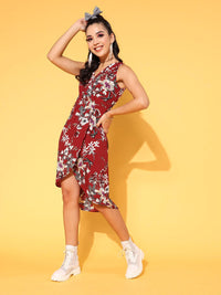 Berrylush Maroon Floral A-Line Dress