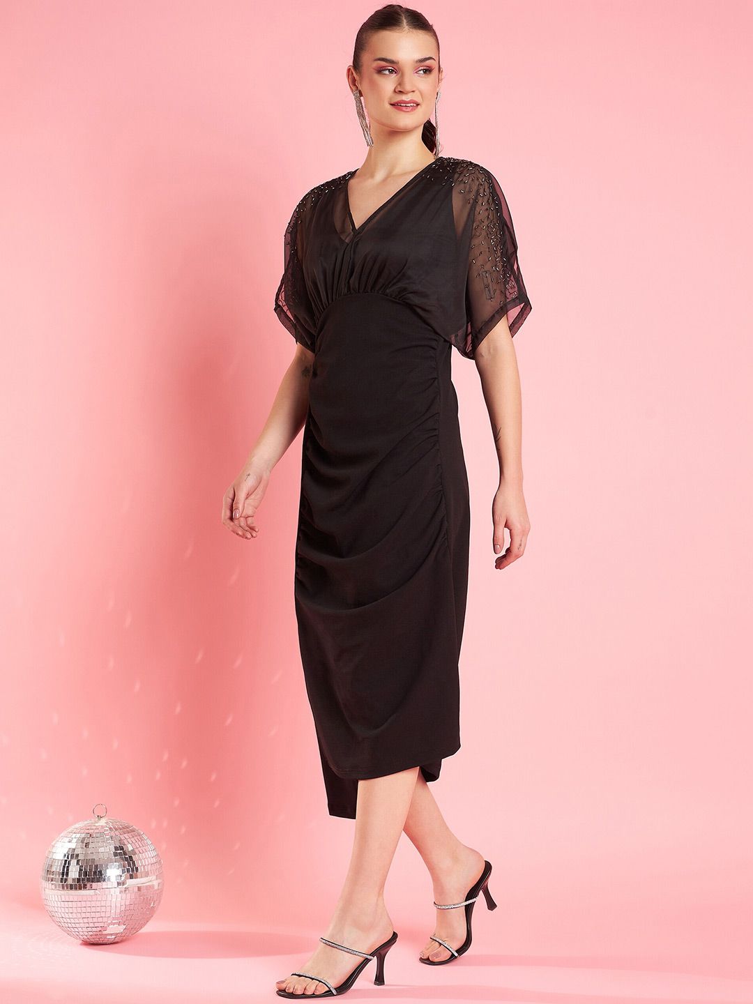 Antheaa Black Chiffon Sheath Midi Dress
