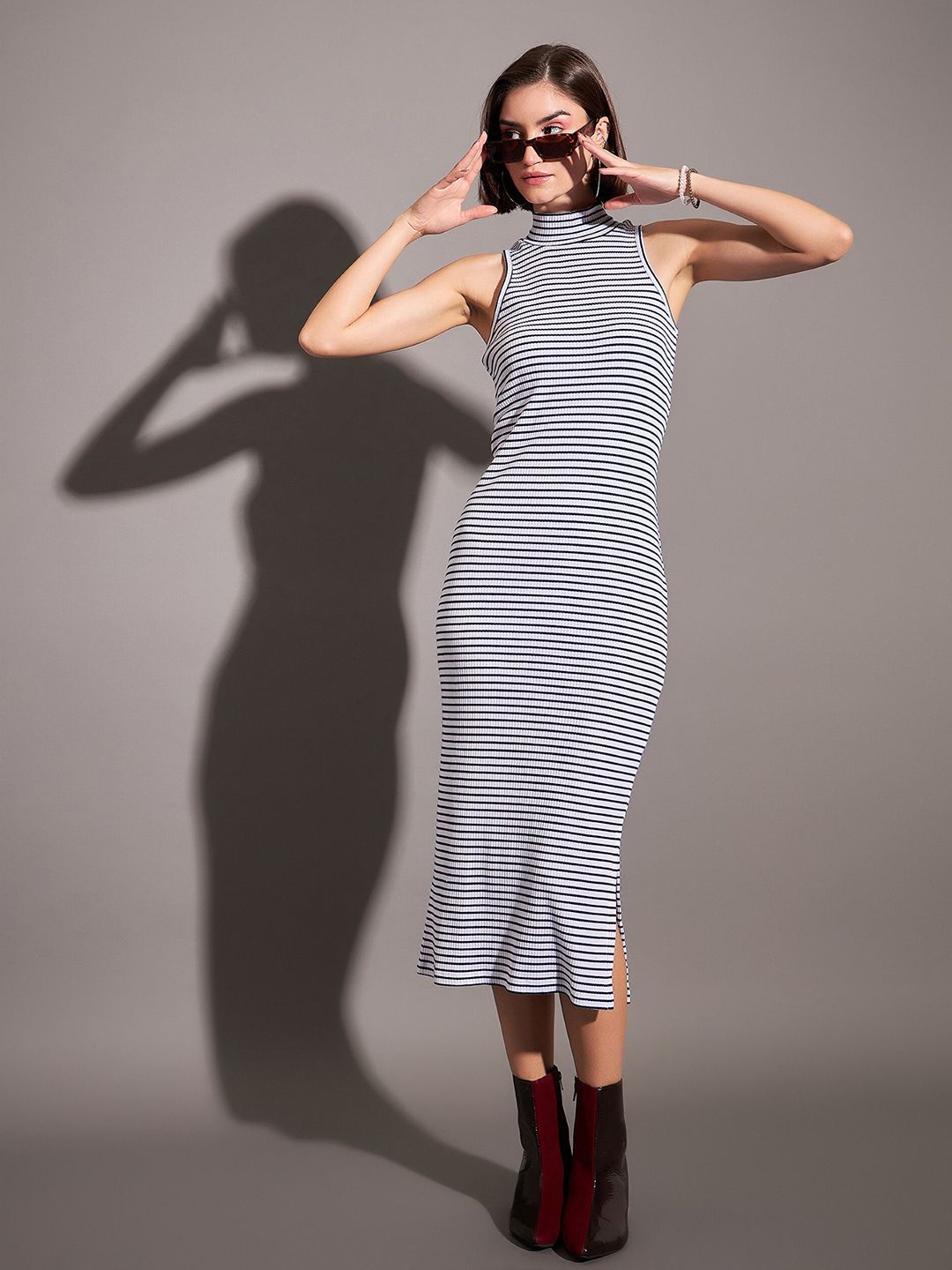 SASSAFRAS High Neck Striped Bodycon Midi Dress
