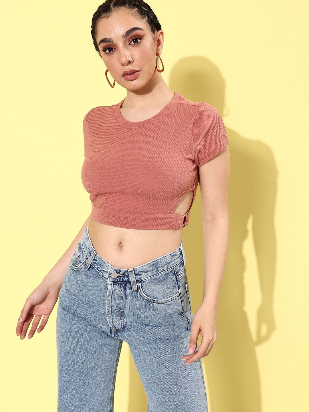 Dressberry Self Design Cut-Out Crop Top