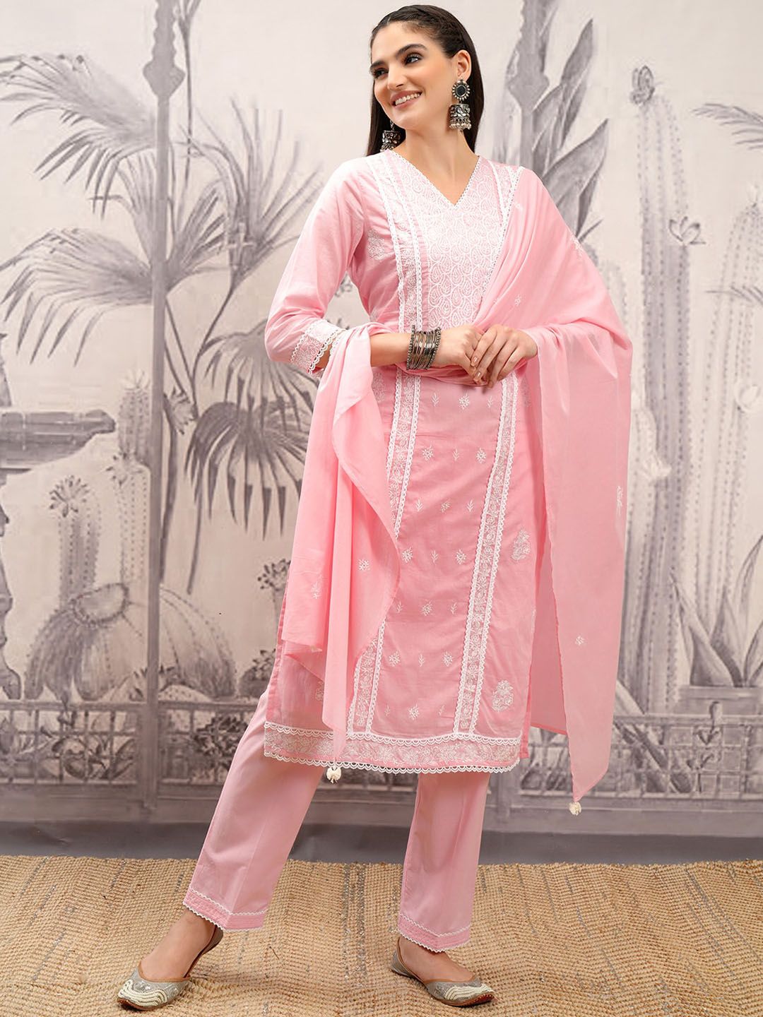 Vishudh Ethnic Motifs Embroidered Thread Work Pure Cotton Kurta with Trousers & Dupatta