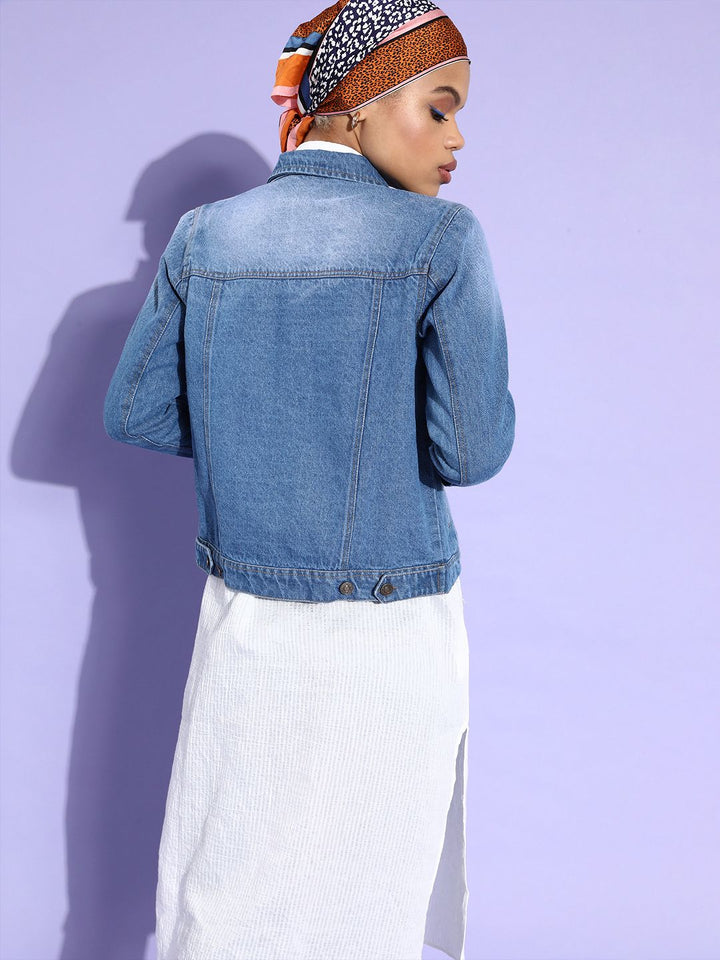 SASSAFRAS Women Blue Washed Pure Cotton Denim Jacket
