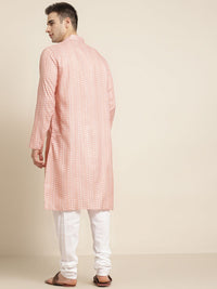SOJANYA Men Peach-Coloured & White Pure Cotton Leheriya Printed Kurta