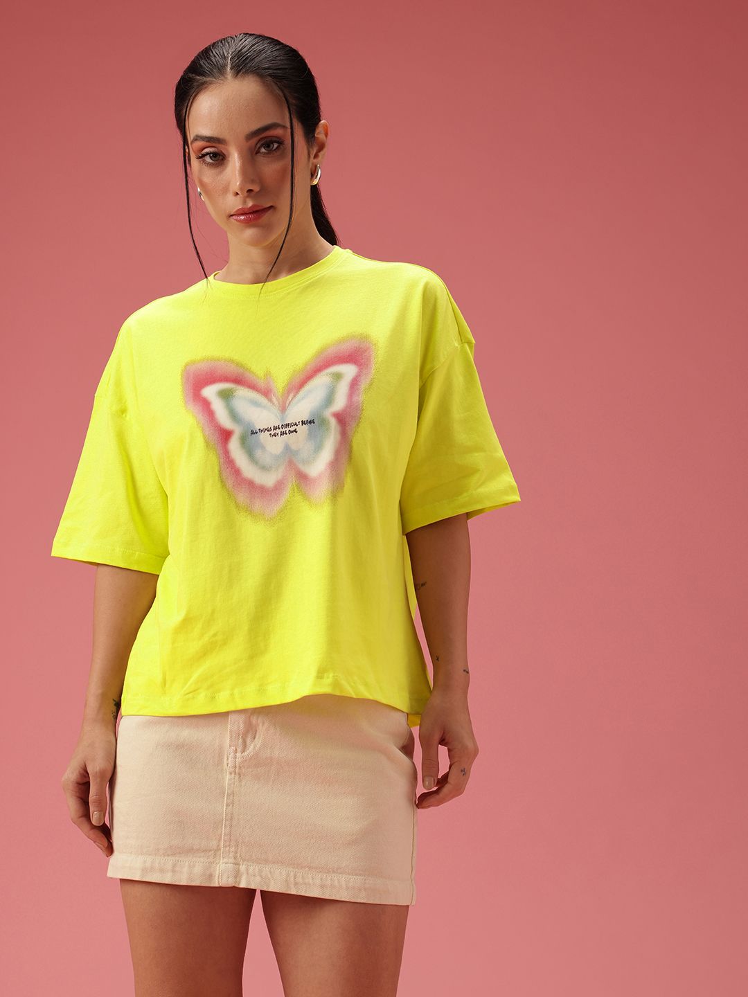 DressBerry Printed Drop-Shoulder Sleeves Relaxed Fit Pure Cotton T-shirt