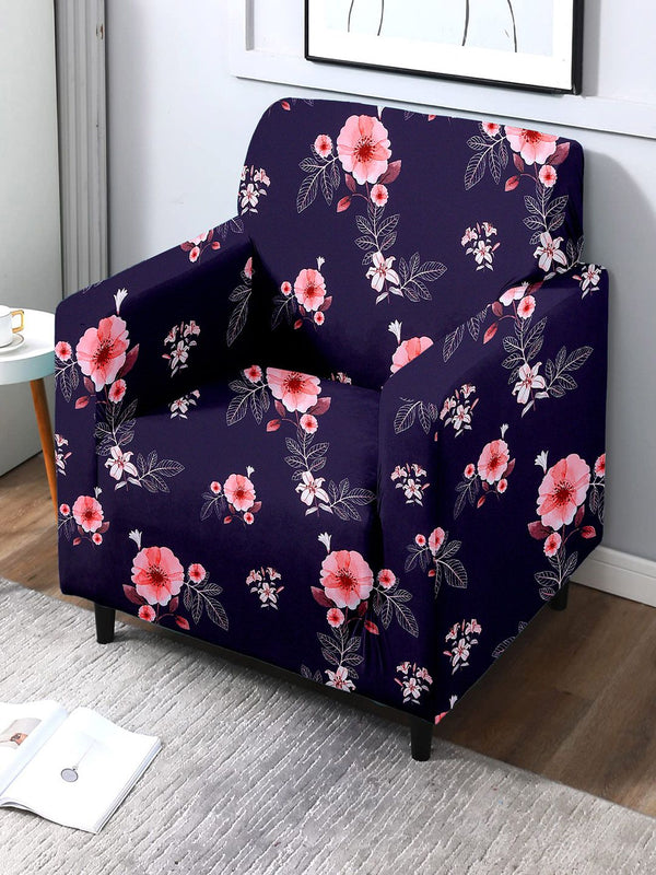 Cortina Navy Blue Floral Printed Single-Seater Sofa Cover