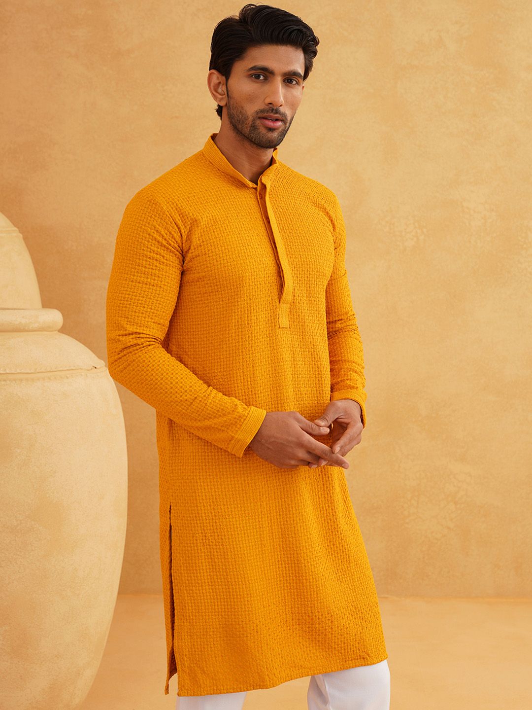 SOJANYA Men Mustard Yellow Thread Work Kurta