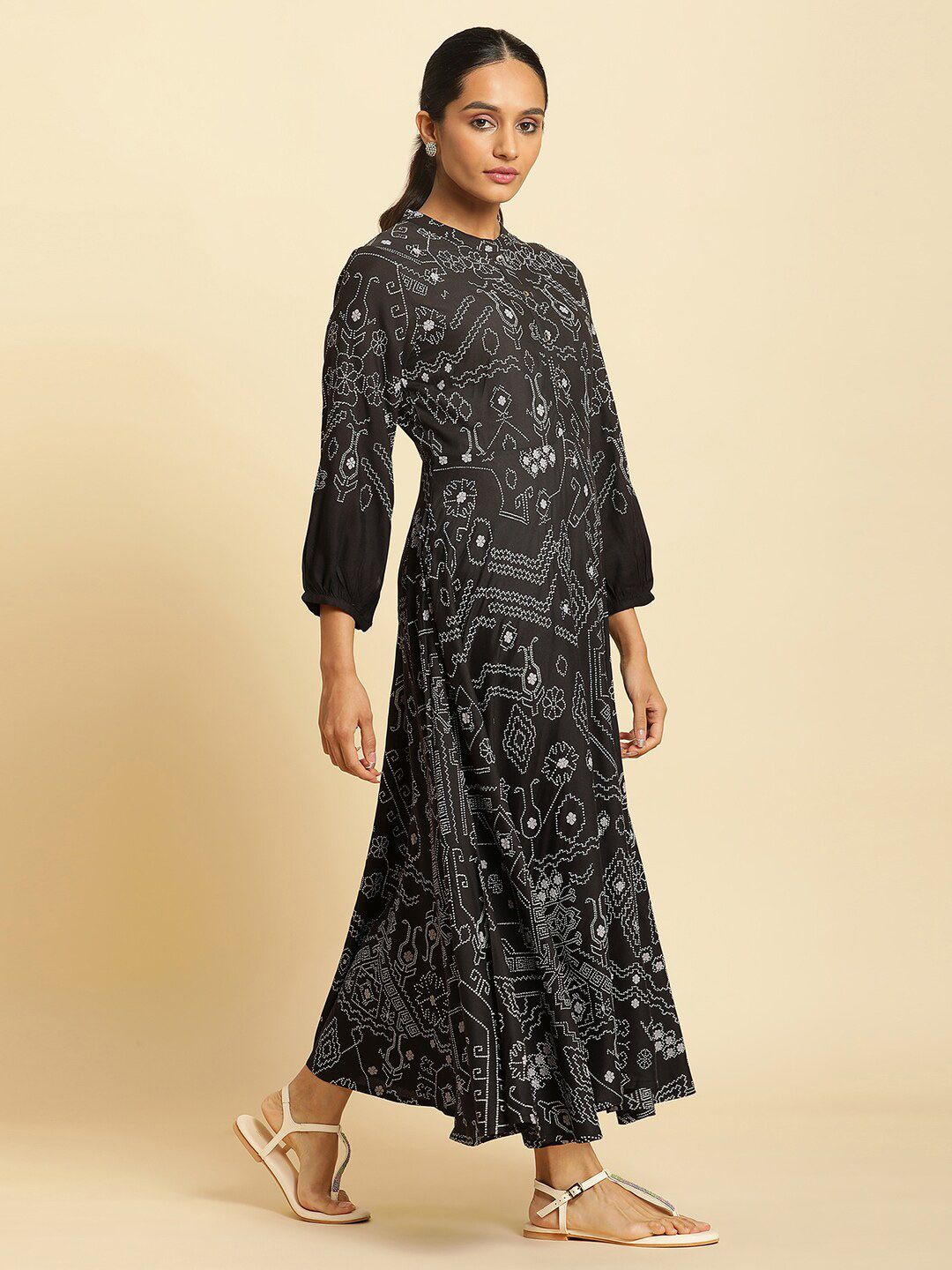 W Ethnic Motifs Printed Mandarin Collar Puff Sleeves Maxi Dress
