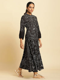W Ethnic Motifs Printed Mandarin Collar Puff Sleeves Maxi Dress