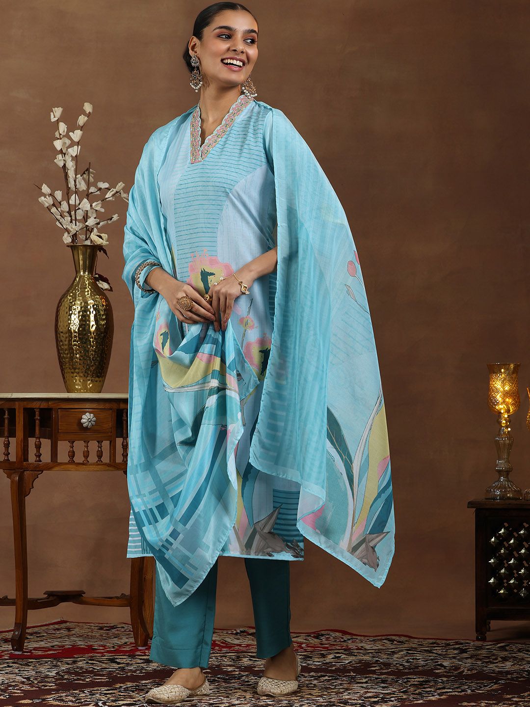 Libas Floral Printed Zari V-Neck Straight Kurta With Trouser & Dupatta
