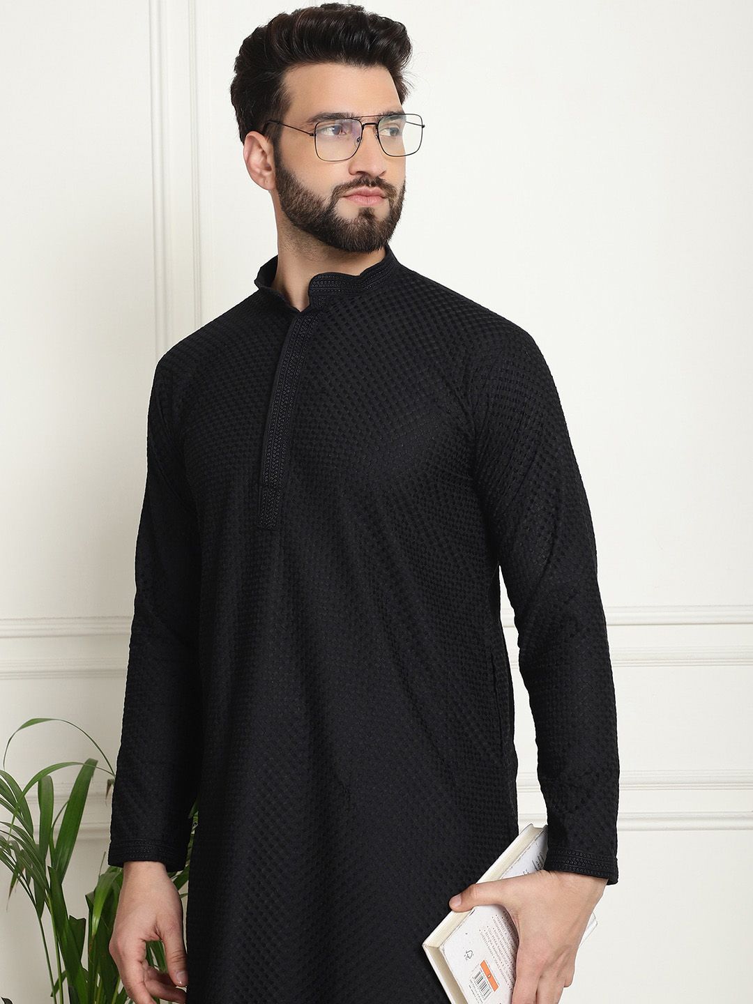 SOJANYA Checked Mandarin Collar Long Sleeves Pure Cotton Kurta with Churidar
