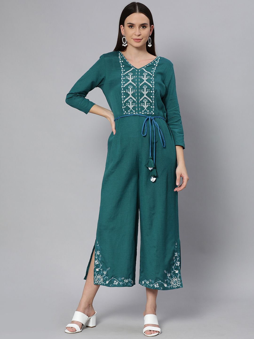 Global Desi Teal & White Embroidered Basic Jumpsuit With Waist Tie Up