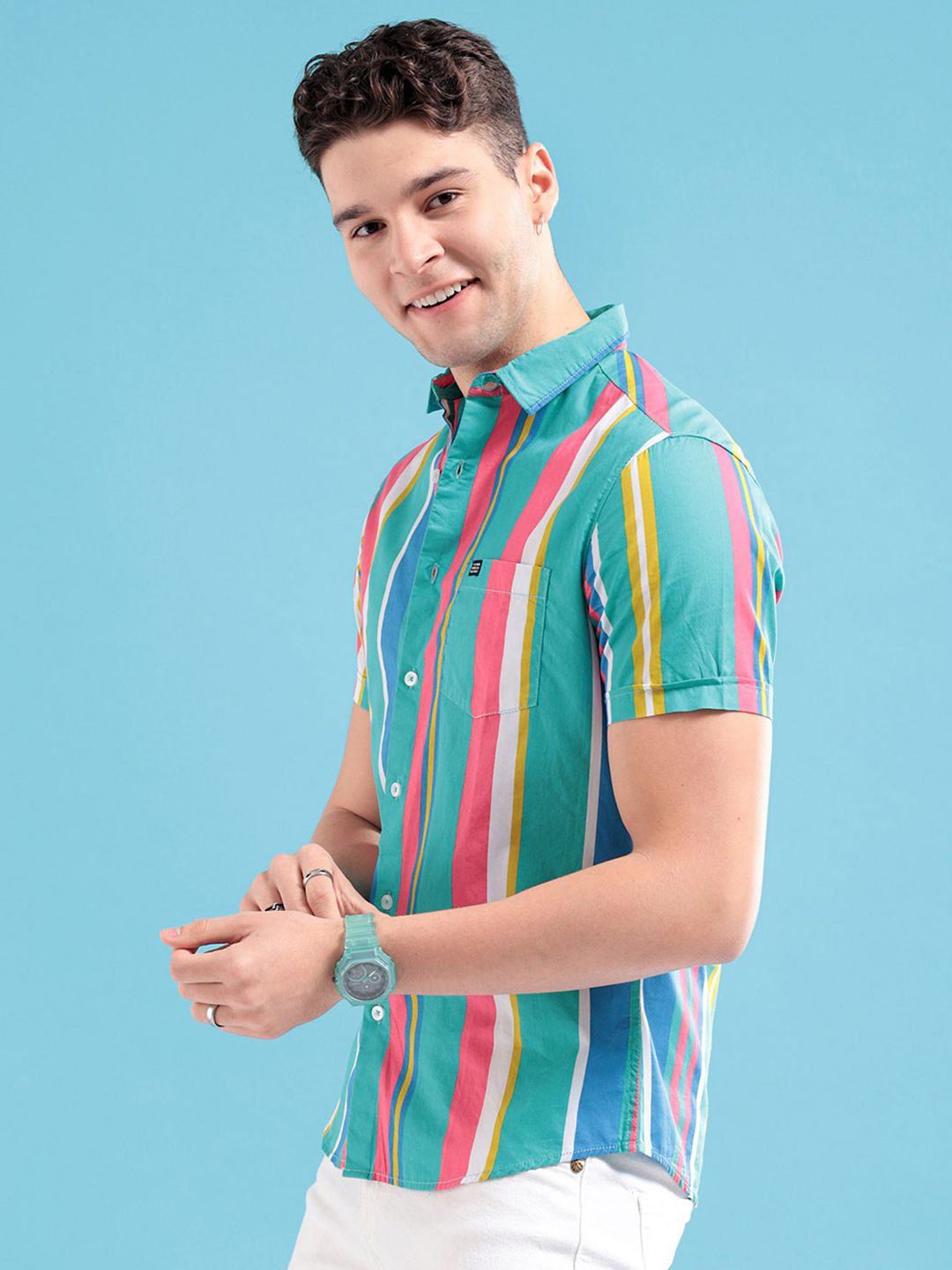 The Indian Garage Co Men Sea Green & Pink Striped Pure Cotton Casual Shirt