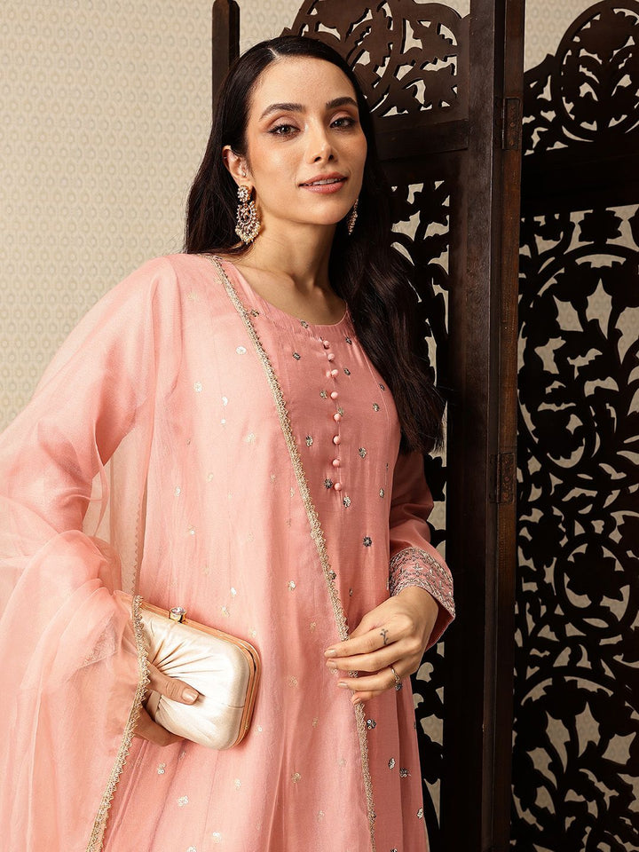 House of Pataudi Floral Sequinned Embellished Jashn A-Line Kurta with Trousers & Dupatta