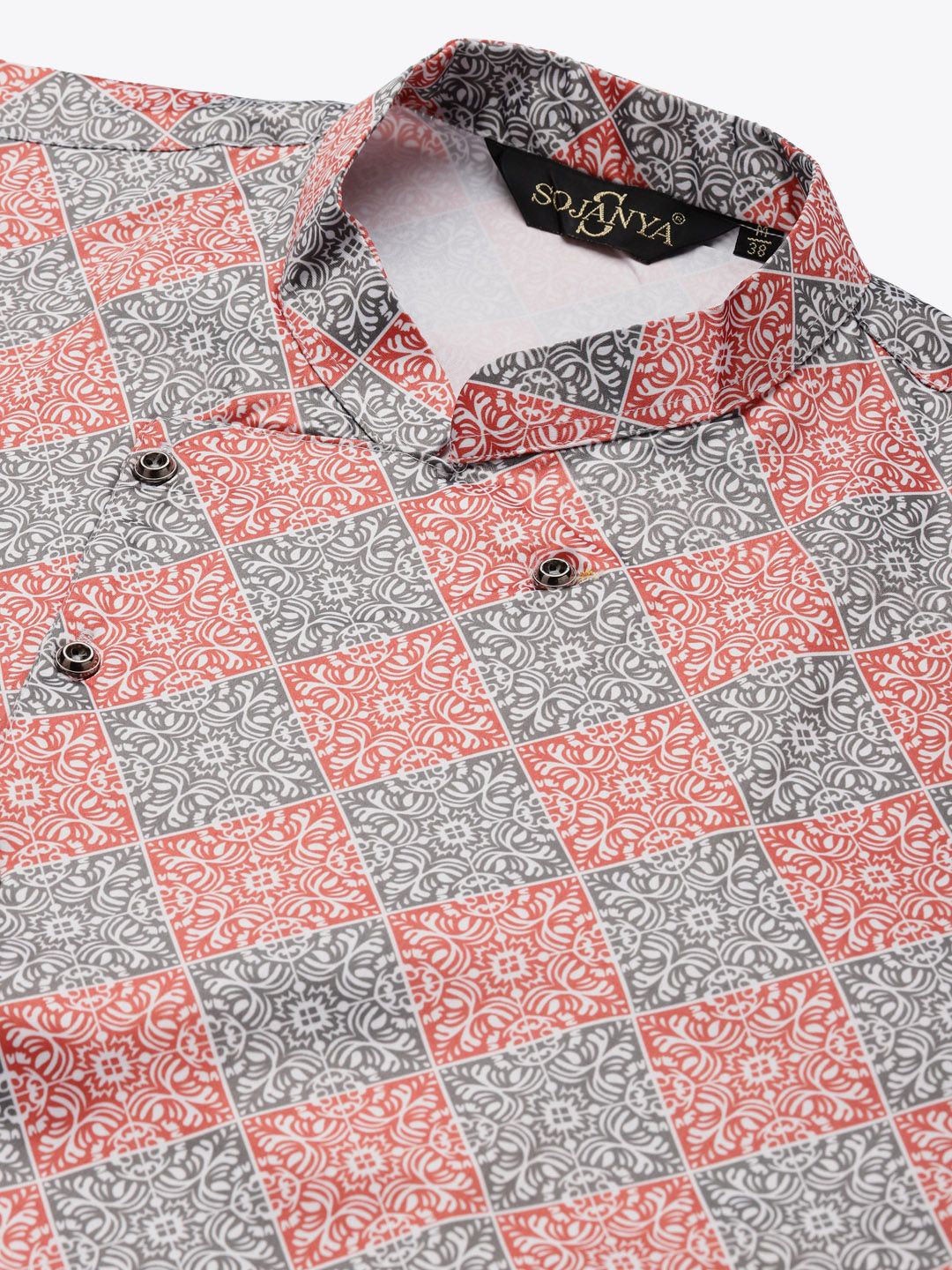 SOJANYA Men Black & Rust Orange Solid Kurta with Churidar & Printed Jacket