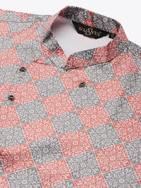SOJANYA Men Black & Rust Orange Solid Kurta with Churidar & Printed Jacket