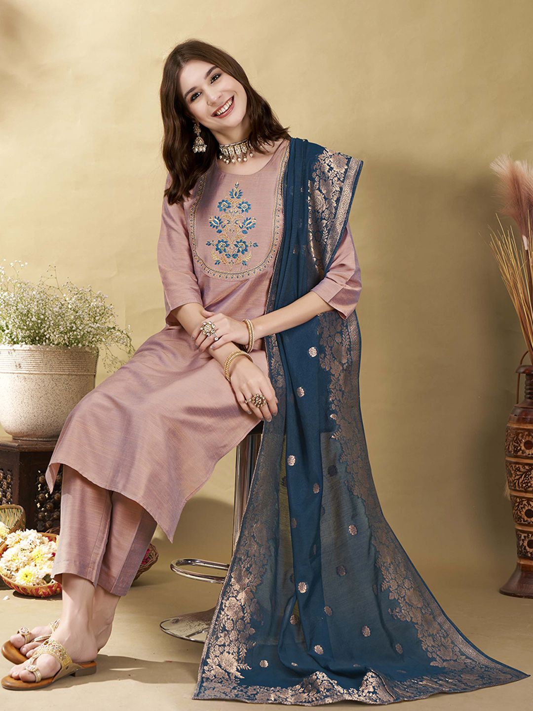 Anouk Mauve Floral Yoke Design Thread Work Straight Kurta With Trousers & Dupatta